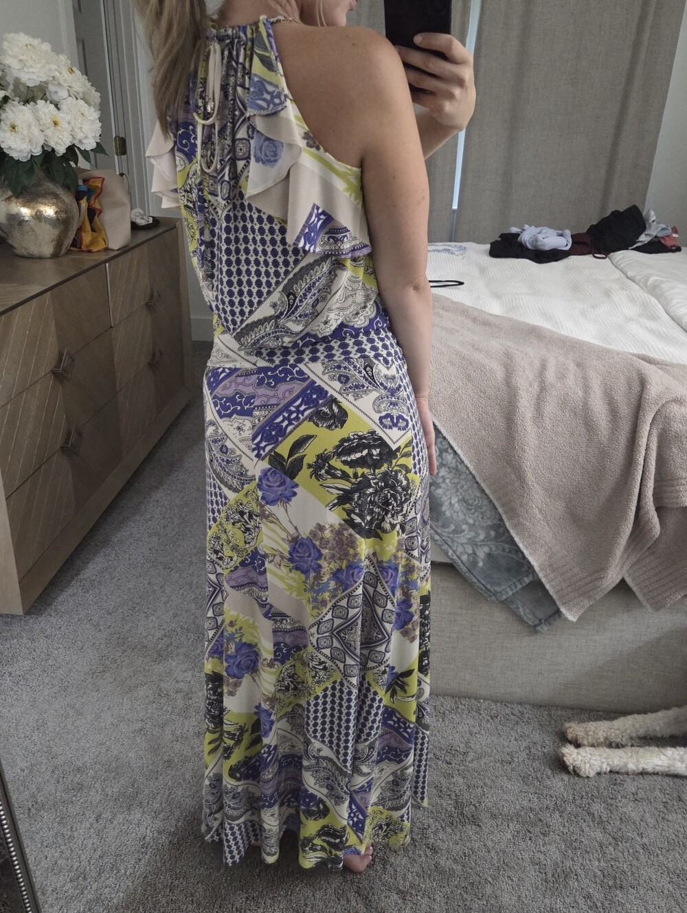 Julian Chang Patchwork Print Halter Maxi Dress Purple Chartreuse Size Small - Picture 12 of 15